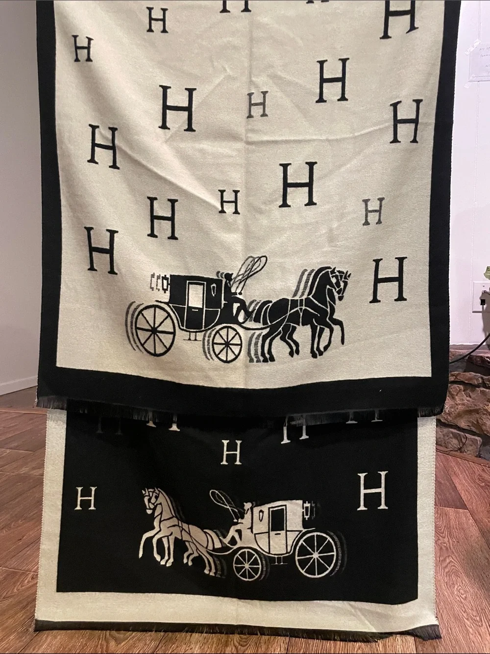 Luxury Black & Cream Soft Scarf with Horse and Carriages Motif